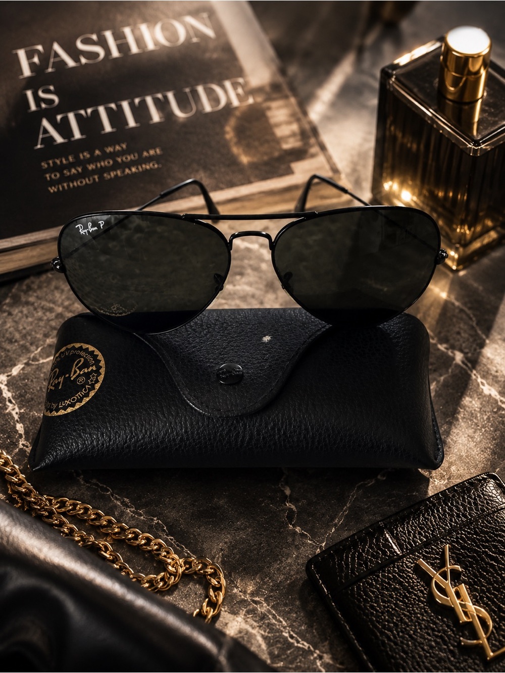 Ray-Ban Black Aviator Sunglasses with Black Leather Case